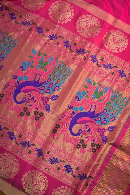 9yard  Handwoven Pure Paithani With Peacock Meena Buttis And Pink Contrast