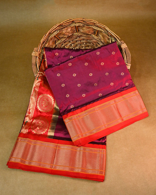 Magenta With Red Contrast Pure Silk Kadiyal Paithani Saree