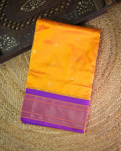 Lemon yellow Silk Paithanis Woven paithani with purple contrast