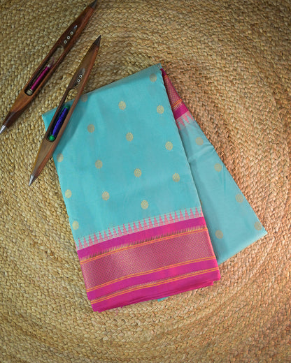 Pastel Blue Semi Paithani Silk Saree with Pink Contrast & Woven Chunri Buttis