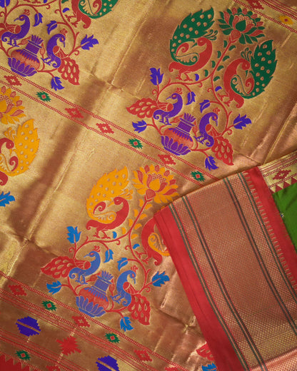 Anjeeri green Silk Paithani Woven paithani with red contrast