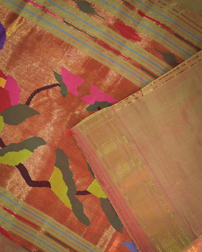 Anjeeri green Handloom Cotton Paithani Saree with Heavy Zari Pallu