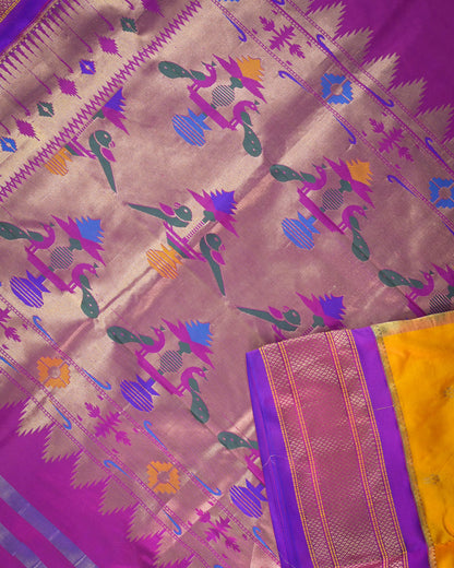 Lemon yellow Silk Paithanis Woven paithani with purple contrast