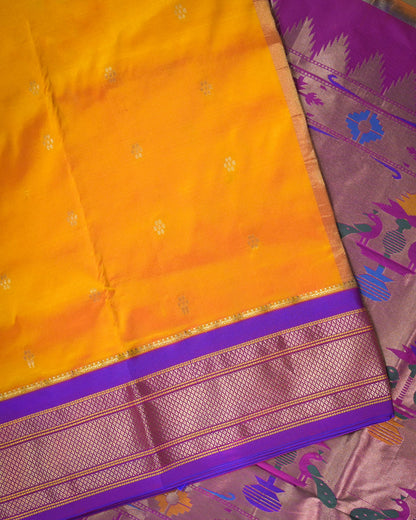 Lemon yellow Silk Paithanis Woven paithani with purple contrast