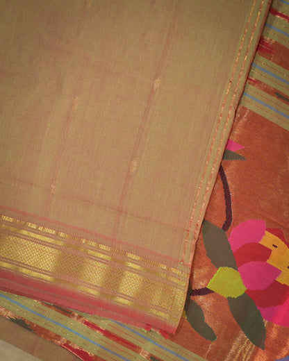 Anjeeri green Handloom Cotton Paithani Saree with Heavy Zari Pallu