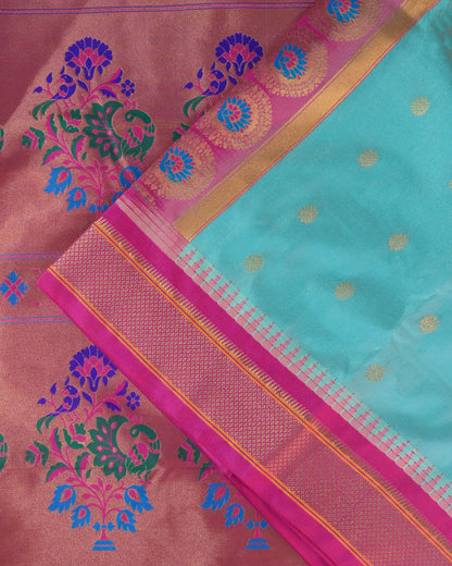 Pastel Blue Semi Paithani Silk Saree with Pink Contrast & Woven Chunri Buttis