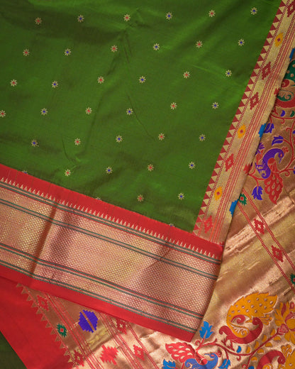 Anjeeri green Silk Paithani Woven paithani with red contrast