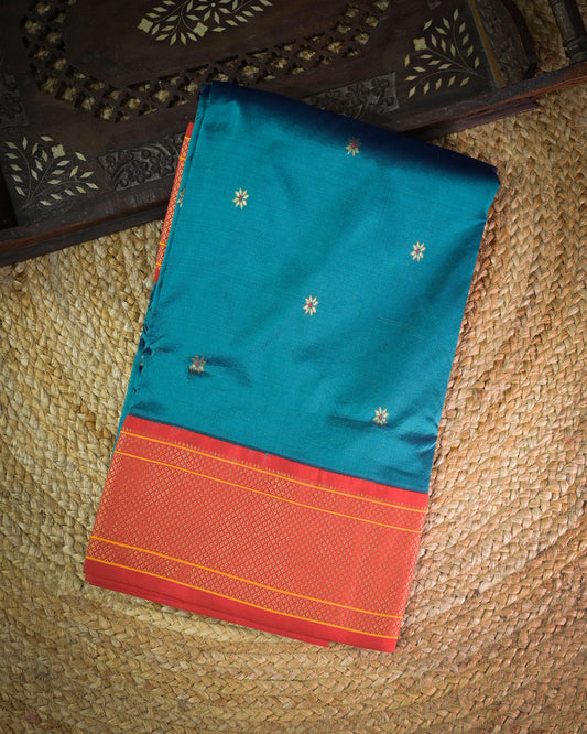 Rama blue Silk Paithanis Woven paithani with red contrast