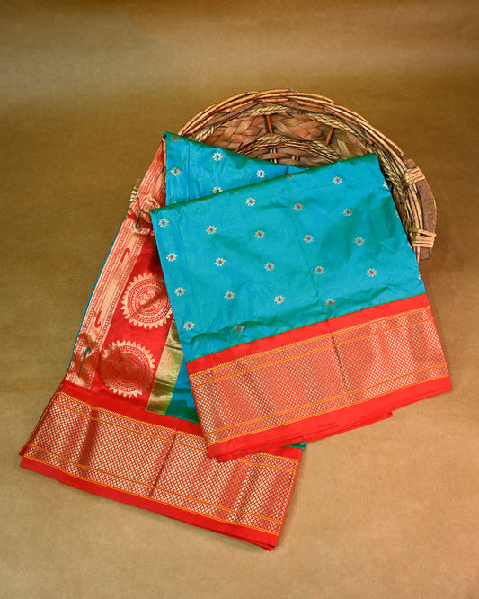 Peacock Blue With Red Contrast Pure Silk Kadiyal Paithani Saree