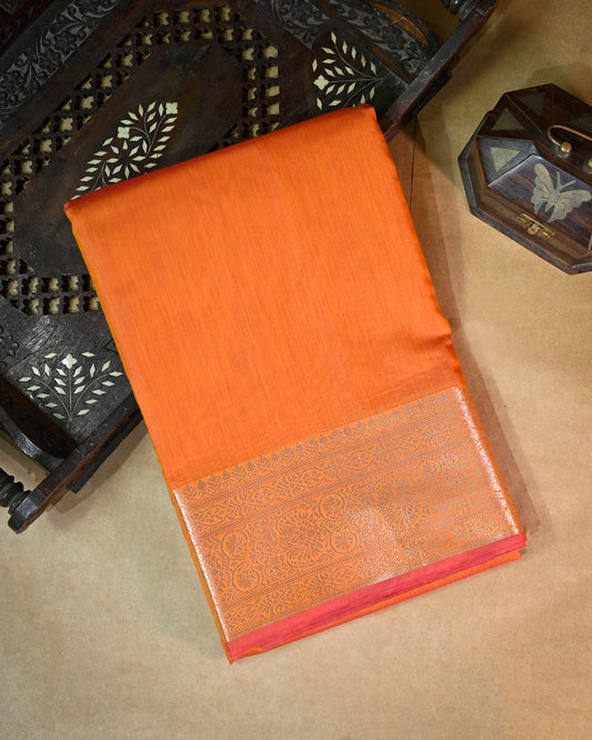 Orange Cotton/Linen Saree – Woven Plain Body with Rich Pallu