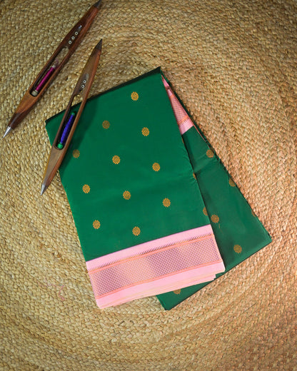 Bottle Green Semi Paithani Silk Saree with Peach Contrast & Woven Chunri Buttis