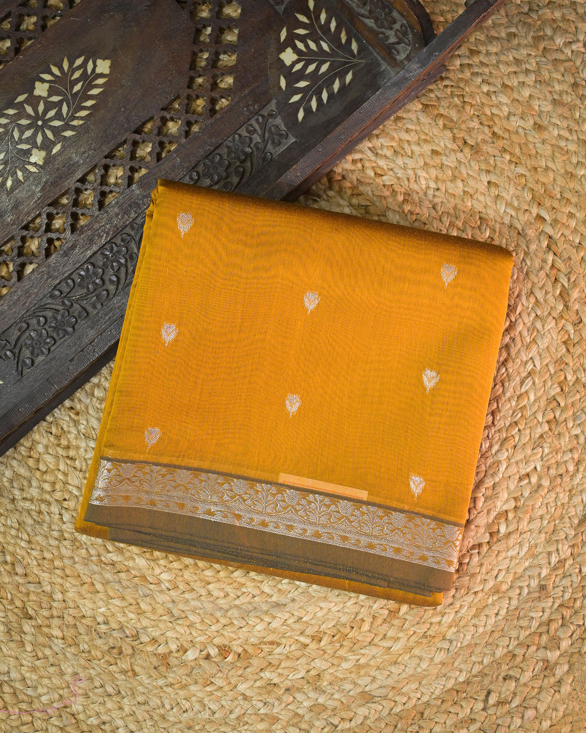 Mustard yellow Chanderi Cotton Saree with Woven Buttis & Piping Border