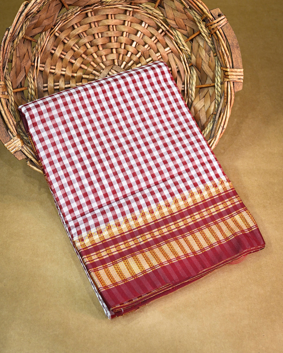 Red Illkal Cotton Saree with Tam Tam Checks