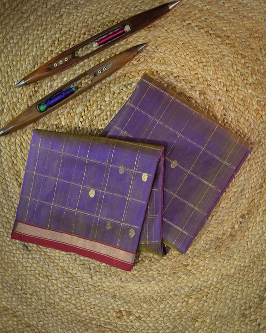 Lavender Silk Chanderi Saree with Handloom Chex Chanderi with Woven Buttis