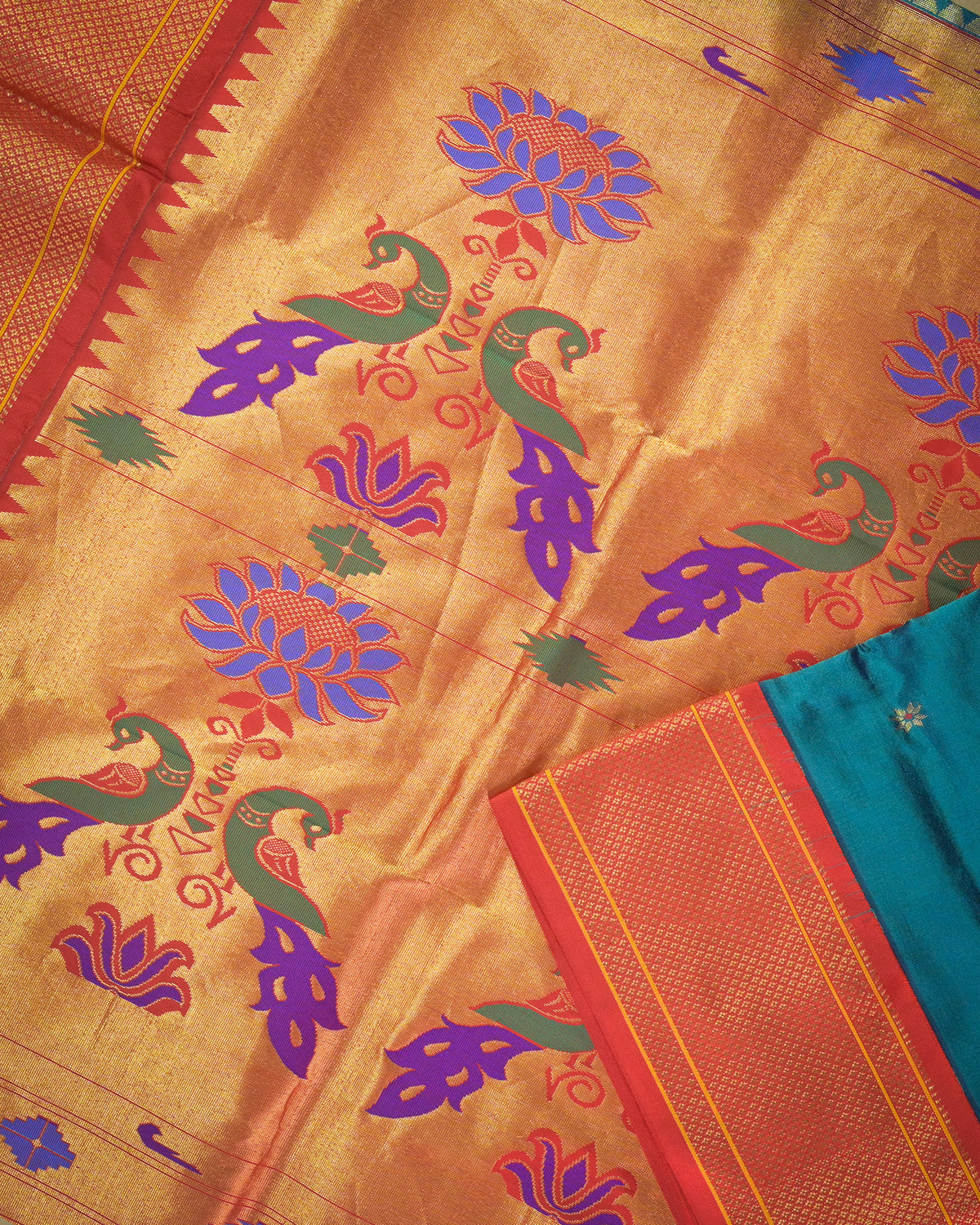 Rama blue Silk Paithanis Woven paithani with red contrast