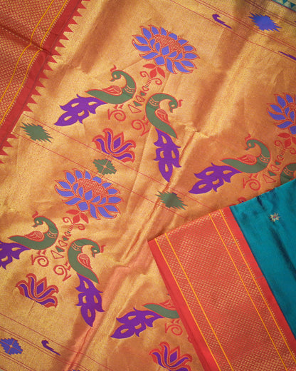 Rama blue Silk Paithanis Woven paithani with red contrast
