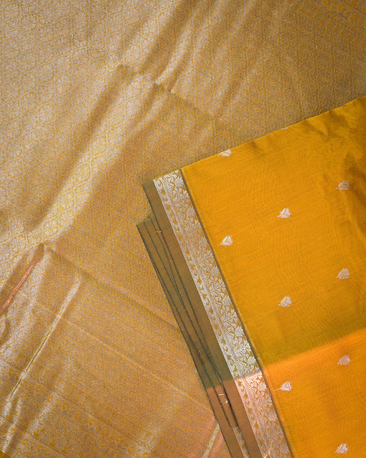 Mustard yellow Chanderi Cotton Saree with Woven Buttis & Piping Border