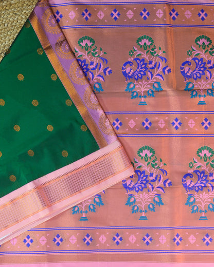 Bottle Green Semi Paithani Silk Saree with Peach Contrast & Woven Chunri Buttis