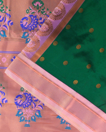 Bottle Green Semi Paithani Silk Saree with Peach Contrast & Woven Chunri Buttis