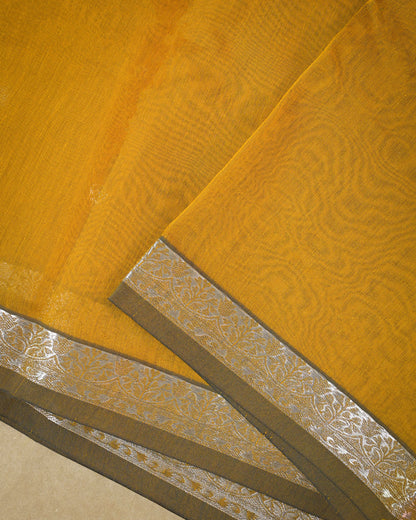 Mustard yellow Chanderi Cotton Saree with Woven Buttis & Piping Border