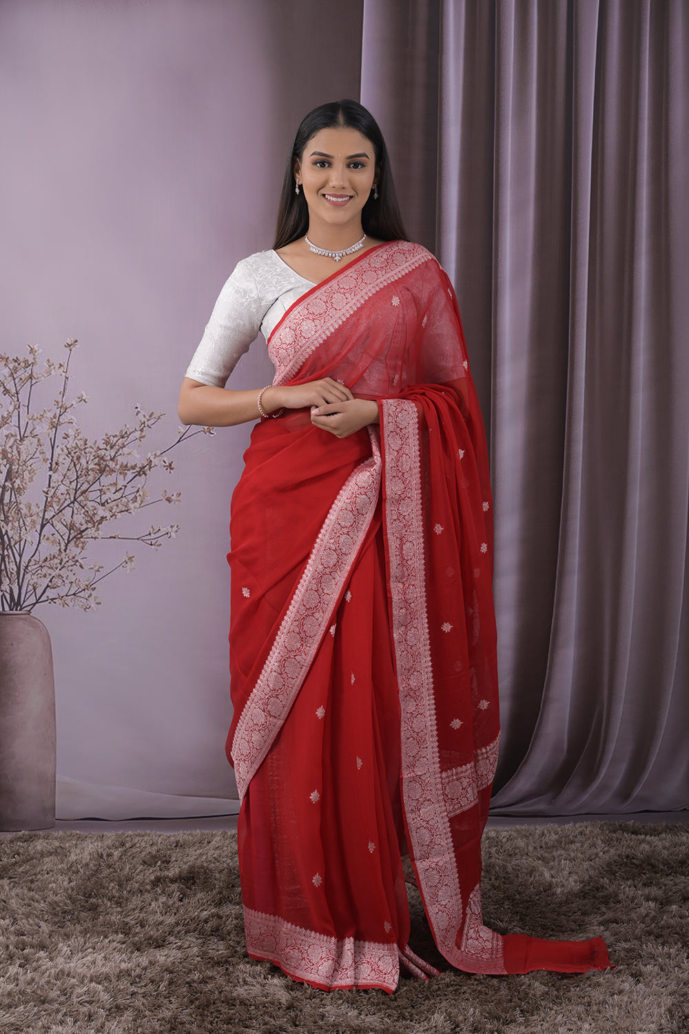 Georgette Woven Silver Jari Buttis All Over