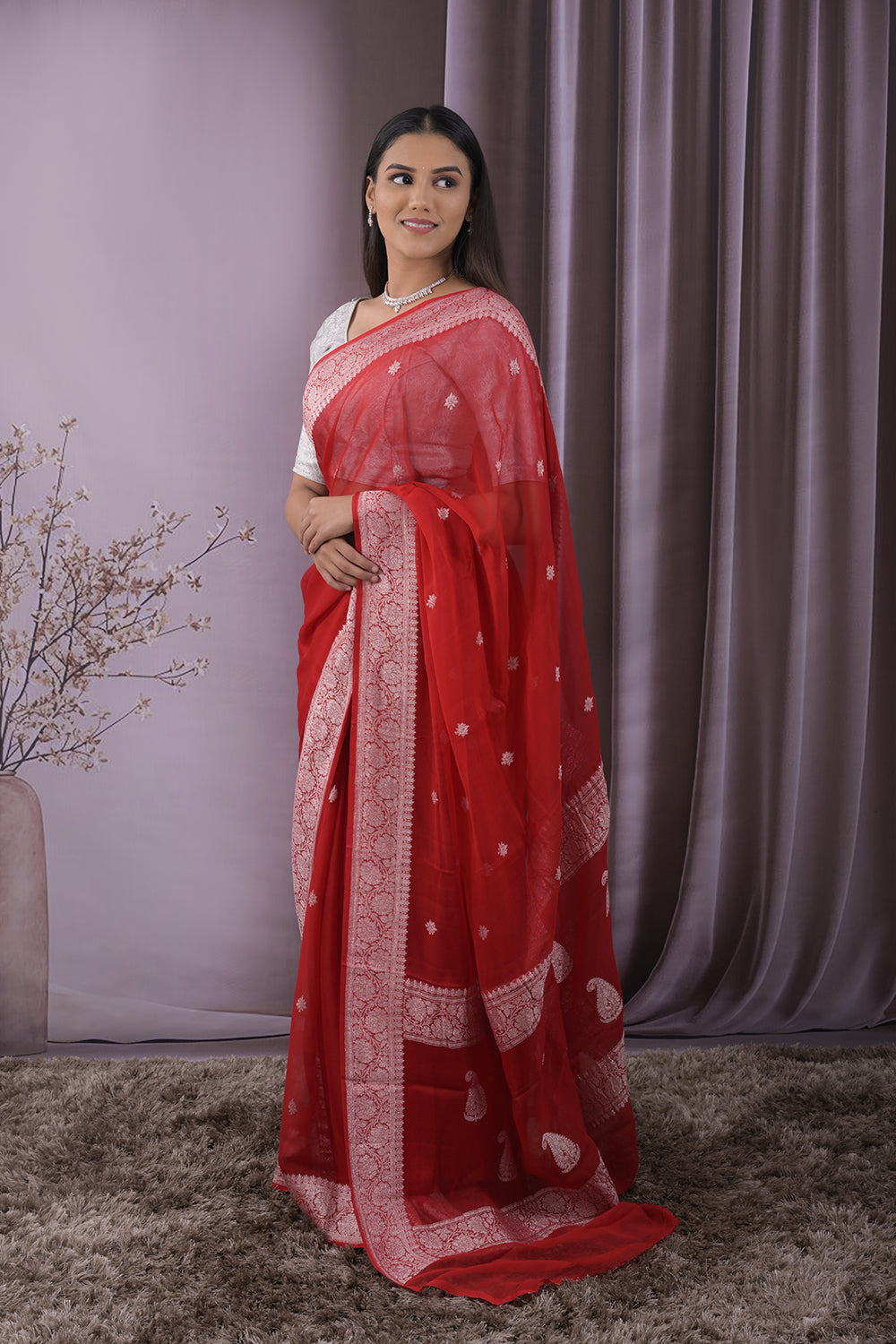 Georgette Woven Silver Jari Buttis All Over