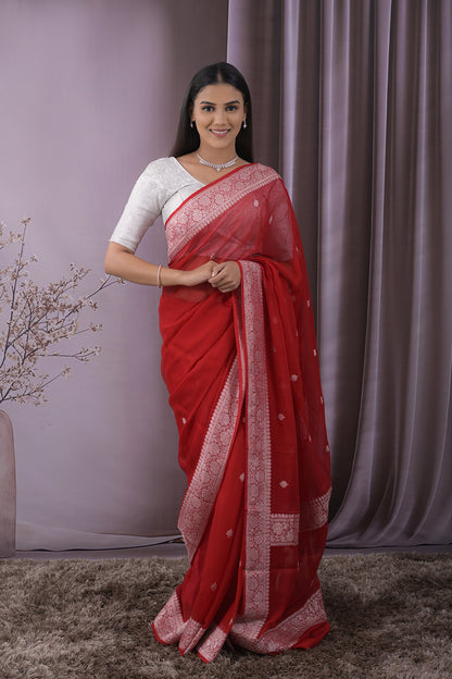 Georgette Woven Silver Jari Buttis All Over