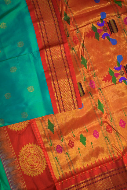 9yard Handwoven Pure Paithani With Chakri Buttis And Red Contrast