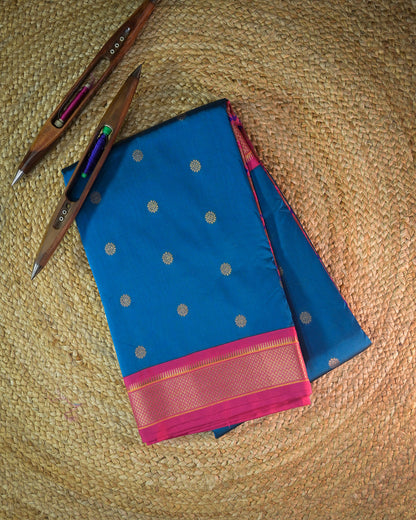 Navy Blue Semi Paithani Silk Saree with Pink Contrast & Woven Chunri Buttis