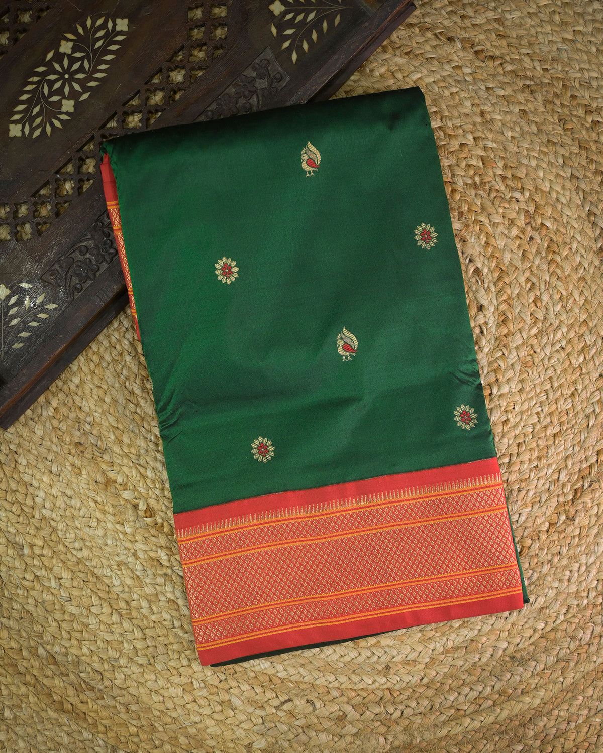 Bottle green Silk Paithani Woven paithani with red contrast