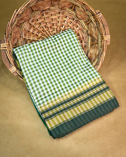 Beige Green Illkal Cotton Saree with Tam Tam Checks