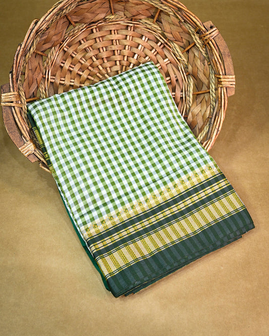 Beige Green Illkal Cotton Saree with Tam Tam Checks