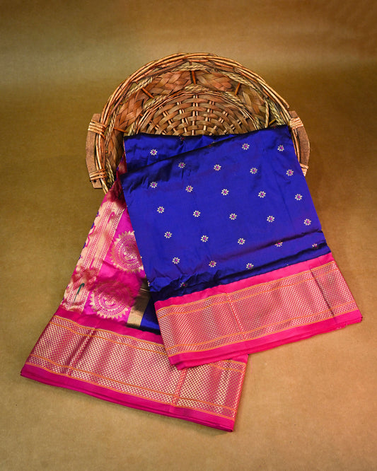 Royal Blue With Pink Pure Silk Kadiyal Paithani Saree