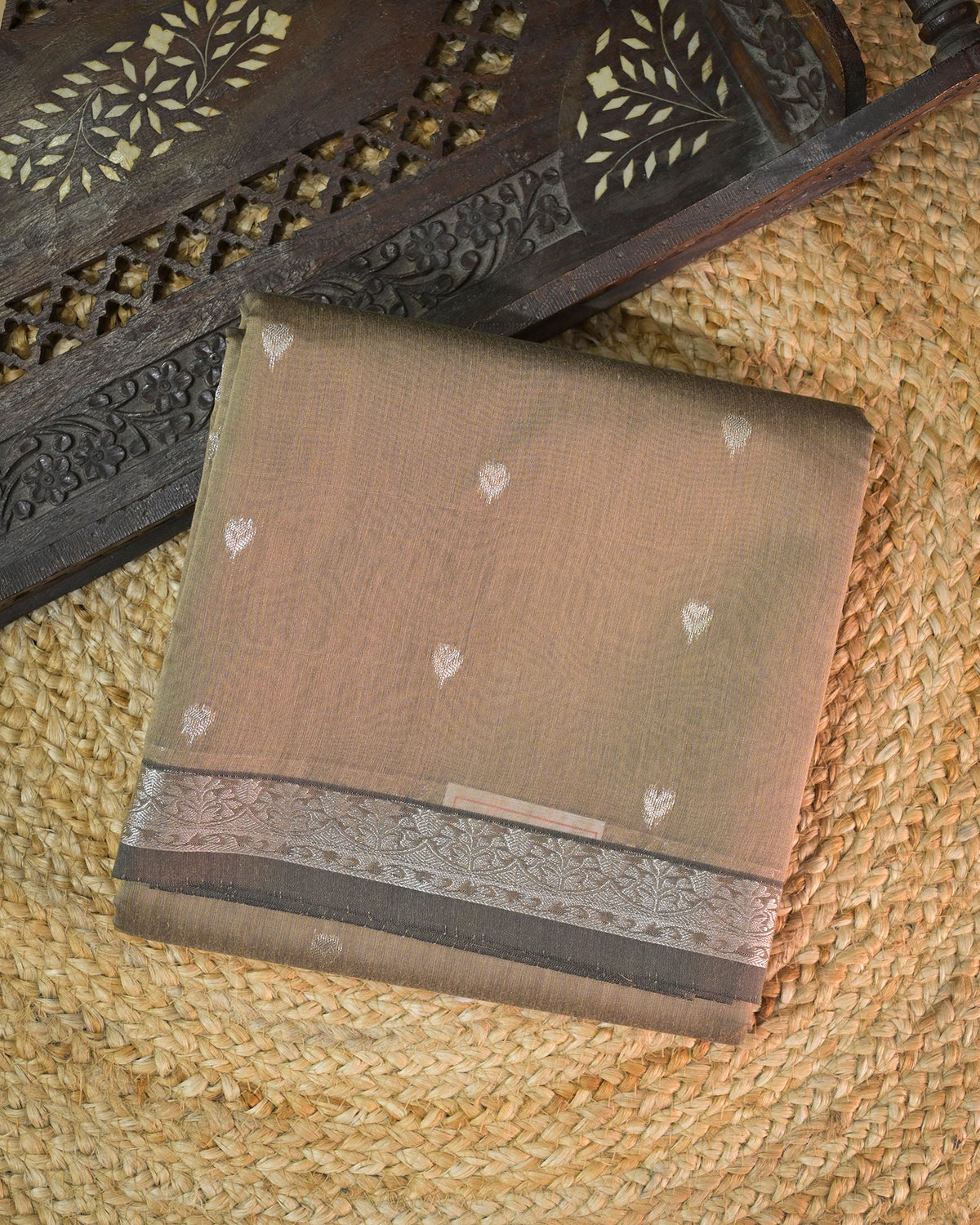 Grey Chanderi Cotton Saree with Woven Buttis & Piping Border