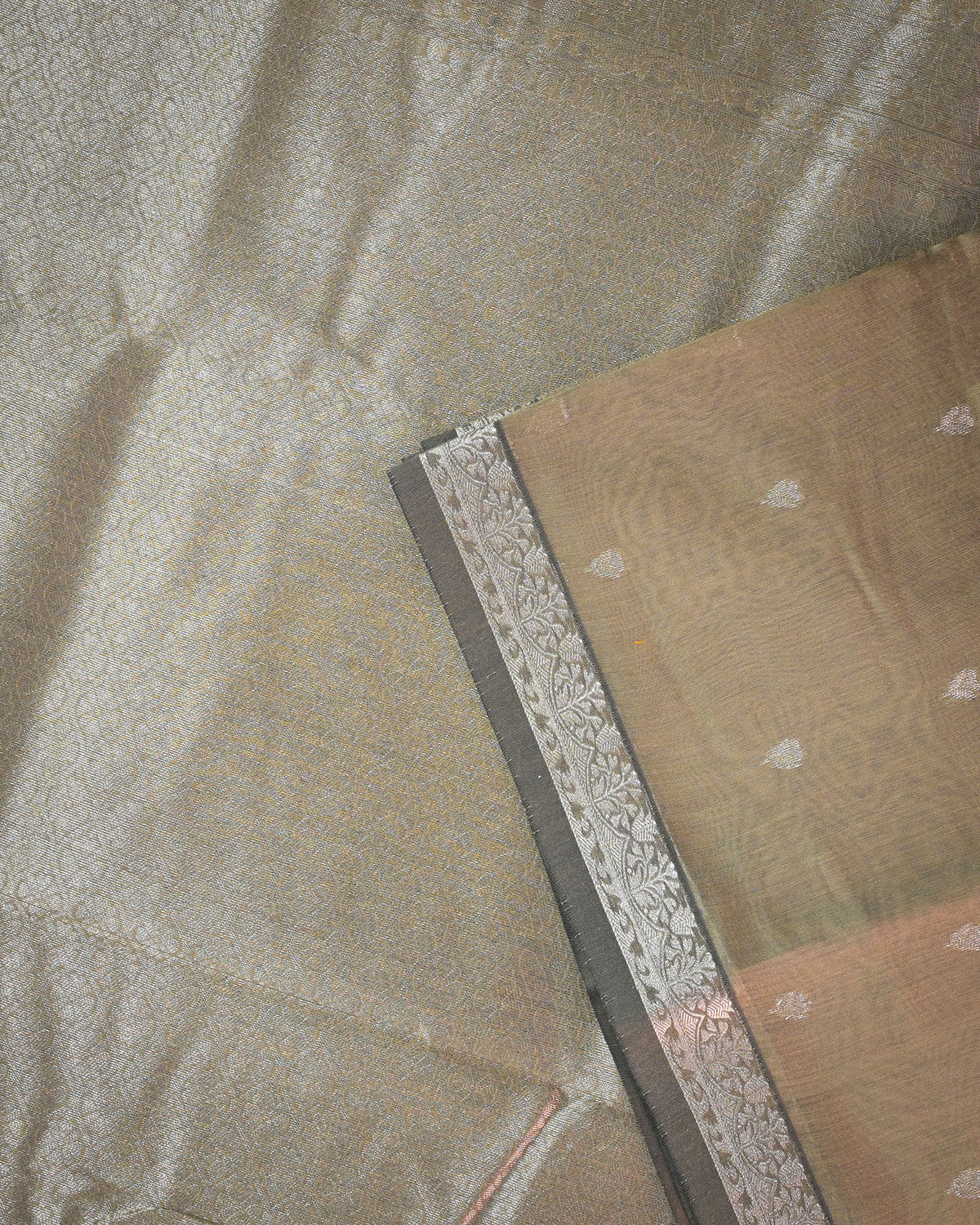 Grey Chanderi Cotton Saree with Woven Buttis & Piping Border