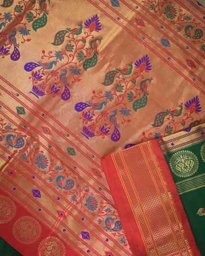 Bottle green Silk Paithani Woven paithani with red contrast