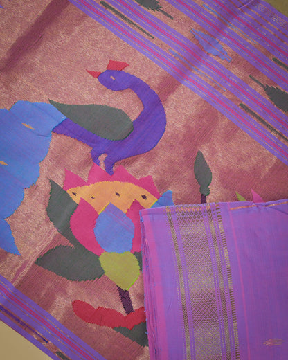 Lavender Handloom Cotton Paithani Saree with Heavy Zari Pallu