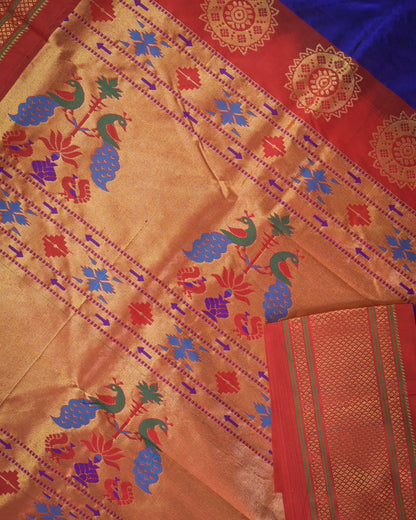 Royal blue Silk Paithanis Woven paithani with red contrast