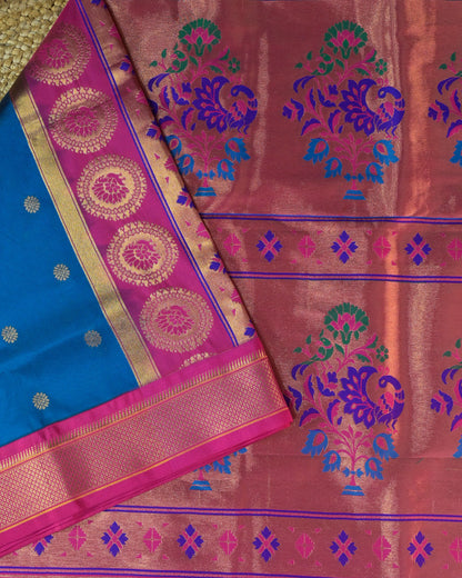 Navy Blue Semi Paithani Silk Saree with Pink Contrast & Woven Chunri Buttis