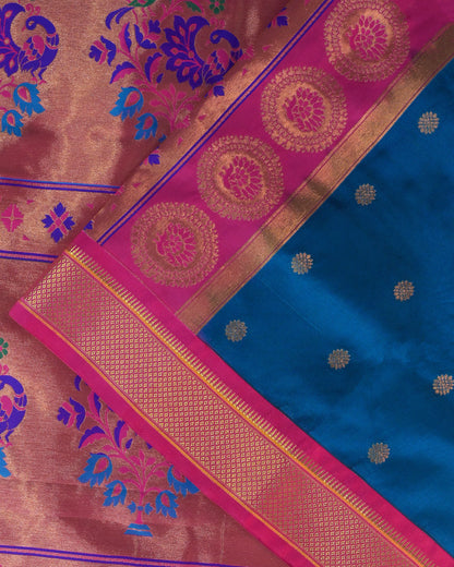 Navy Blue Semi Paithani Silk Saree with Pink Contrast & Woven Chunri Buttis