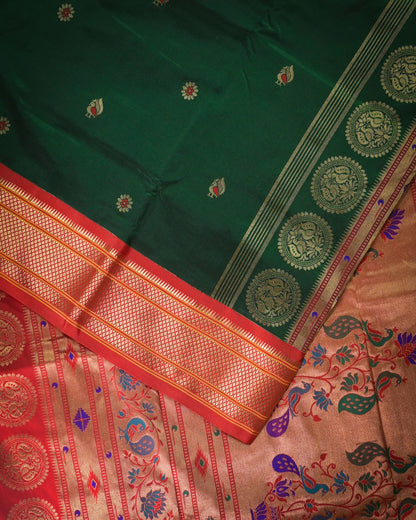 Bottle green Silk Paithani Woven paithani with red contrast