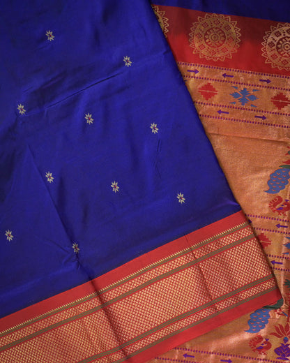 Royal blue Silk Paithanis Woven paithani with red contrast