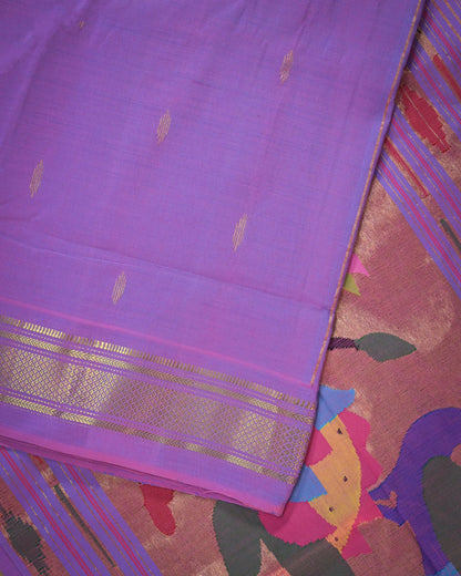 Lavender Handloom Cotton Paithani Saree with Heavy Zari Pallu