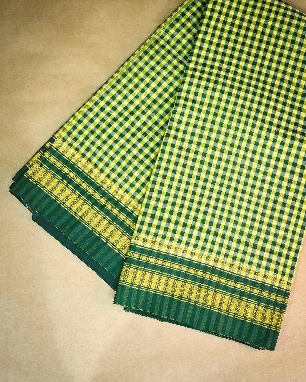 Beige Green Illkal Cotton Saree with Tam Tam Checks