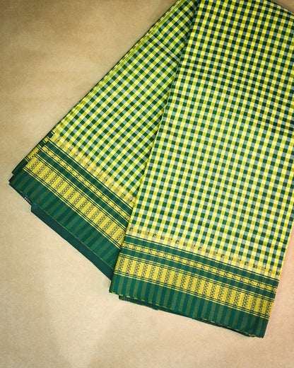 Beige Green Illkal Cotton Saree with Tam Tam Checks