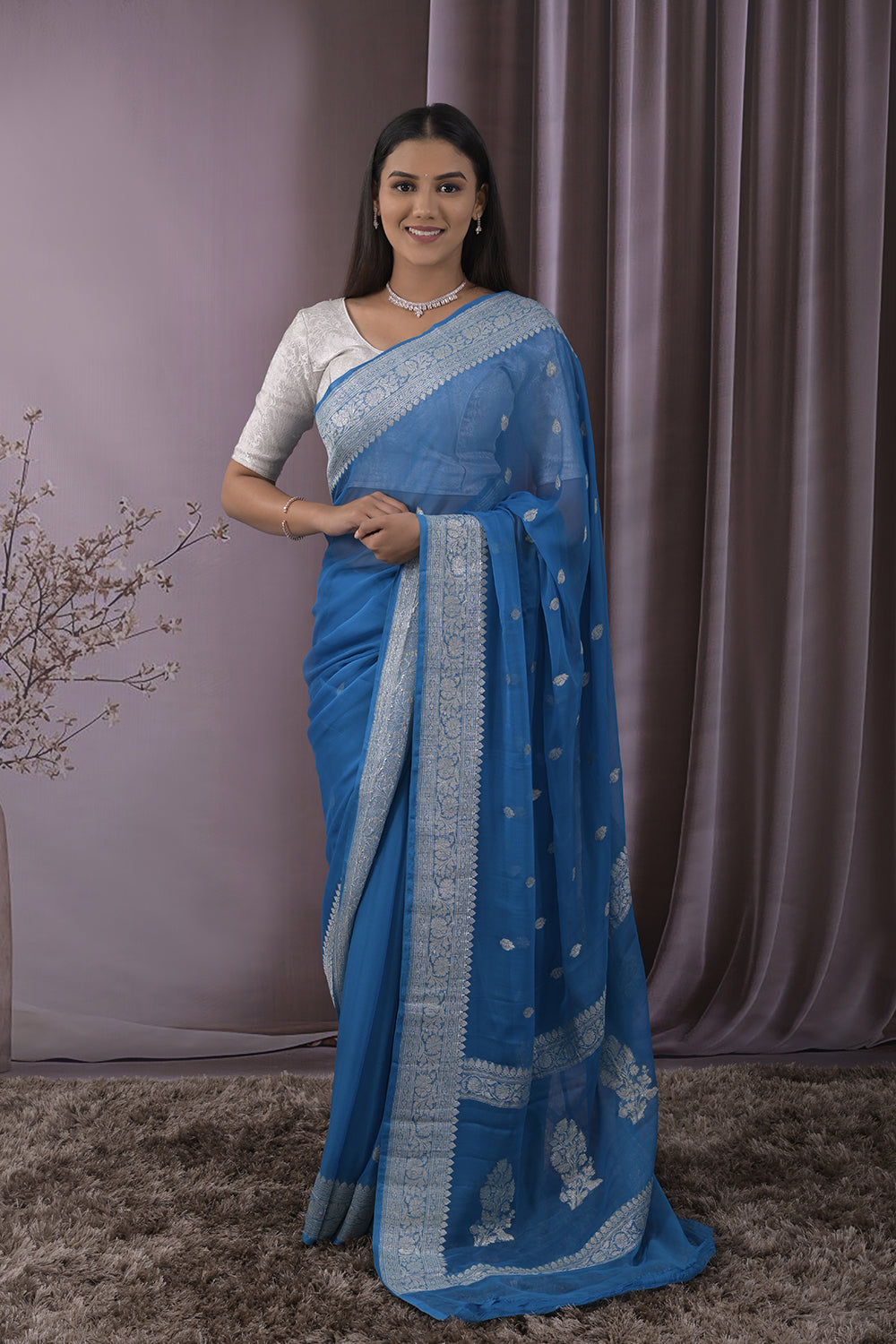 Georgette Woven Silver Jari Buttis All Over