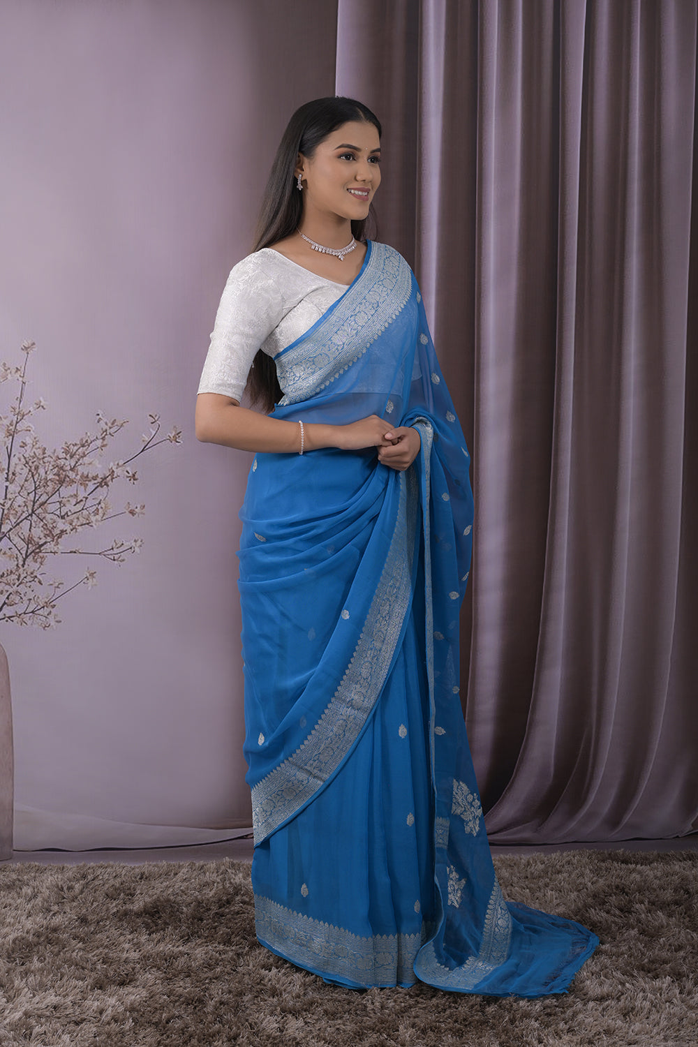 Georgette Woven Silver Jari Buttis All Over