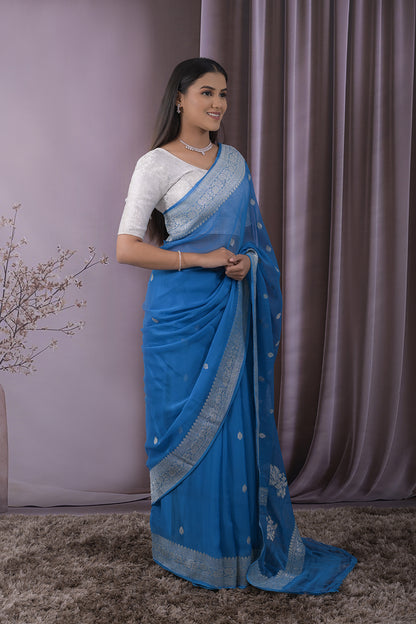 Georgette Woven Silver Jari Buttis All Over