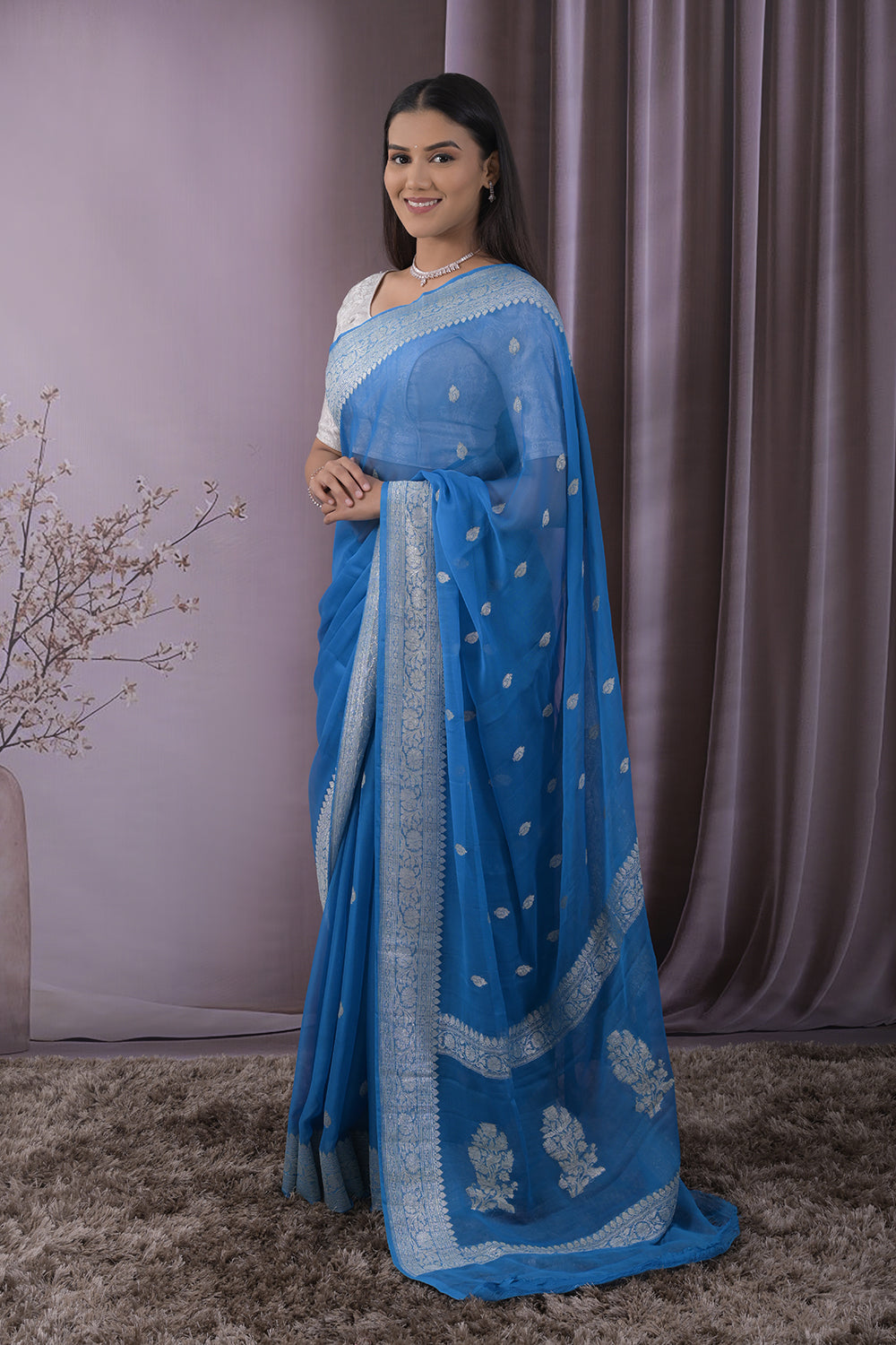 Georgette Woven Silver Jari Buttis All Over