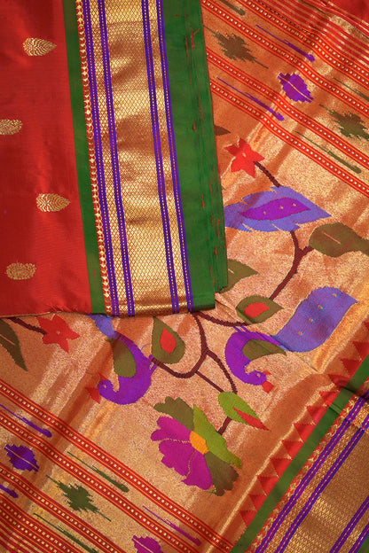 9yard Handwoven Pure Paithani With Nath Buttis And Green Contrast